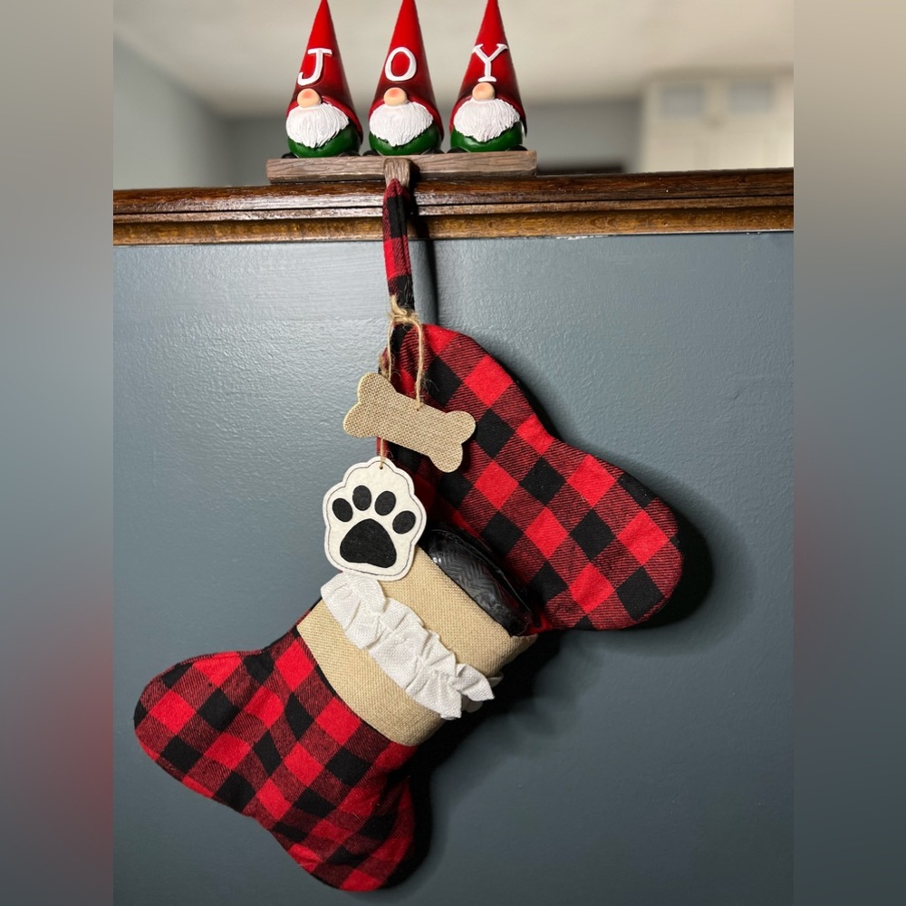 Buffalo Plaid and Burlap Dog Bone shaped Christmas Stocking *new*